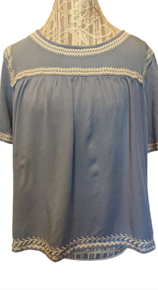Orange Creek XL Light Blue Crop Embroidered Embroidery Flowy Top Blouse